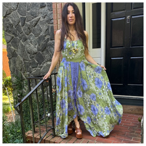 42 Boho Silk Blend One of Kind Print Sleeveless Asymmetrical Maxi Dress - Picture 4 of 8